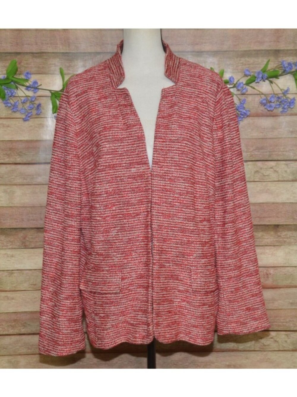 Talbots Woman 20W Red White Tweed Heathered Cardigan Jacket Hook & Eye Career